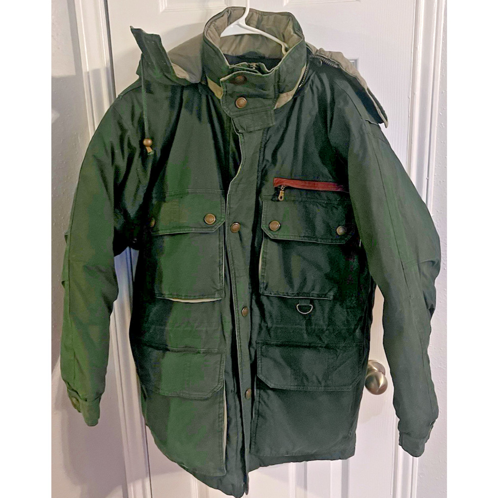 EUC! Men's STRATOJAC Hooded Down Puffer Cargo Jacket Size M Green/Navy